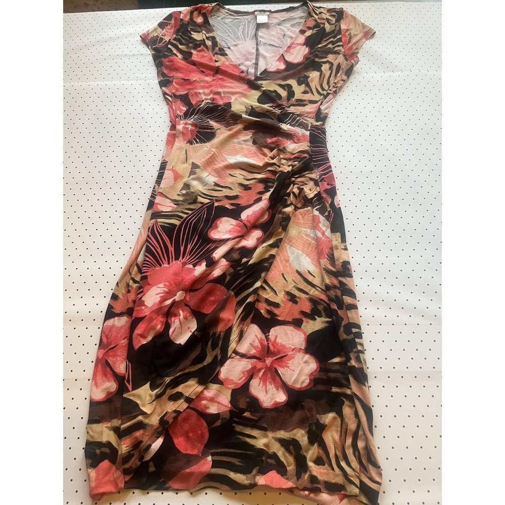Cache Tropical Floral Animal Print Faux Wrap Dress Women's Small Y2K